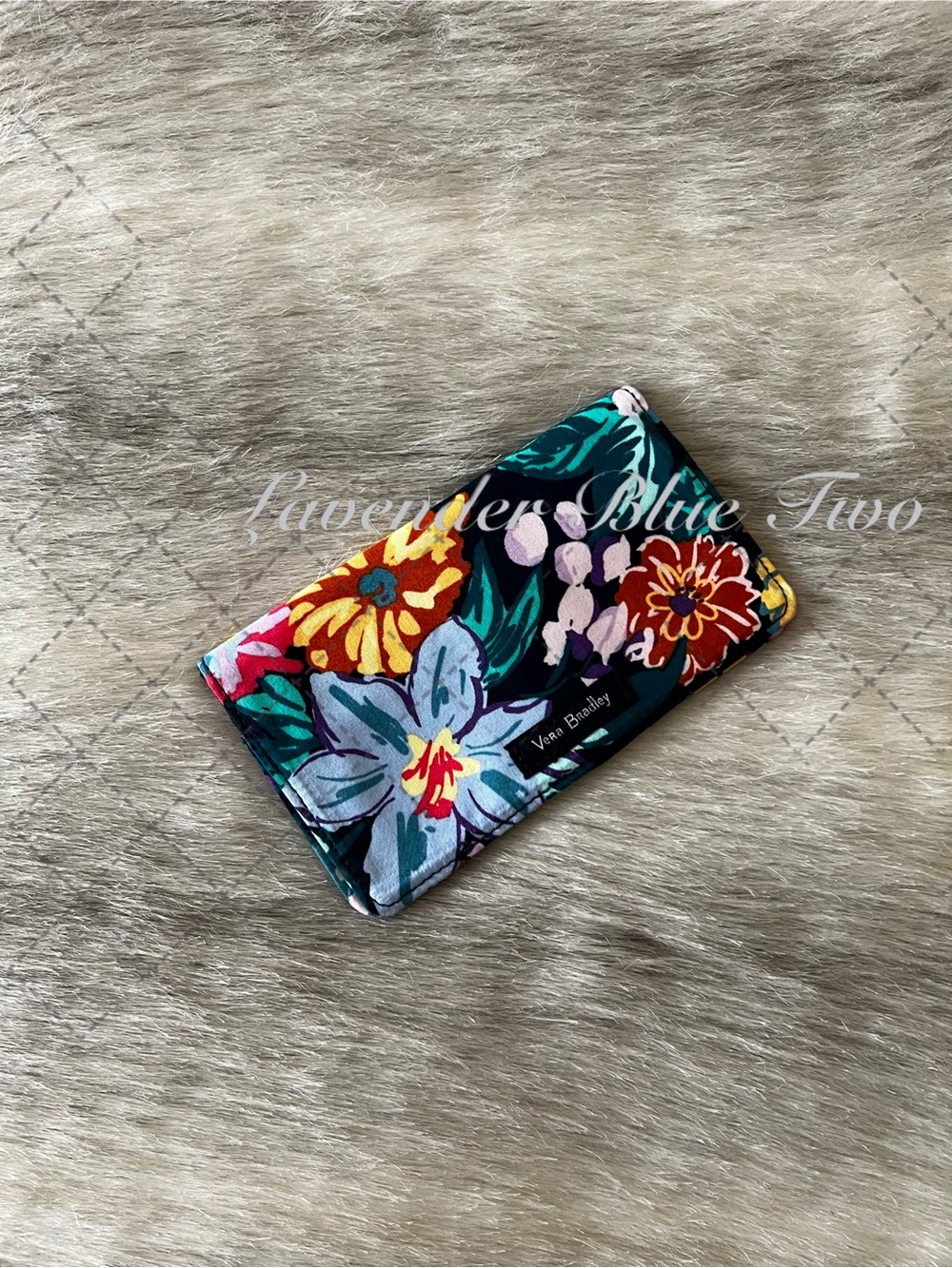 New VERA BRADLEY Happy Blooms Checkbook Quilted Navy Orange Floral Pen Holder